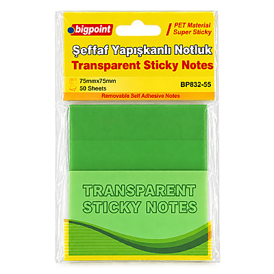 Yapışkanlı Şeffaf Not Kağıdı 75x75mm Yeşil